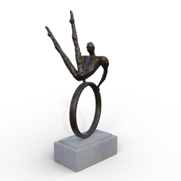 "Metal gymnast statue on marble base, created with Blender 3D software. Acrobatic, abstract design inspired by Mark Gertler and featuring a man holding a ring. Perfect for awards or artistic displays."