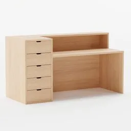 Detailed wooden desk 3D model with drawers, ideal for Blender 3D workspace renderings and office simulations.