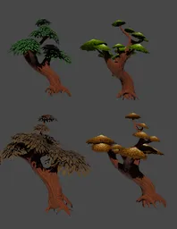 Detailed fantasy-style 3D trees with four distinct leaf variants, designed for use in Blender 3D projects.