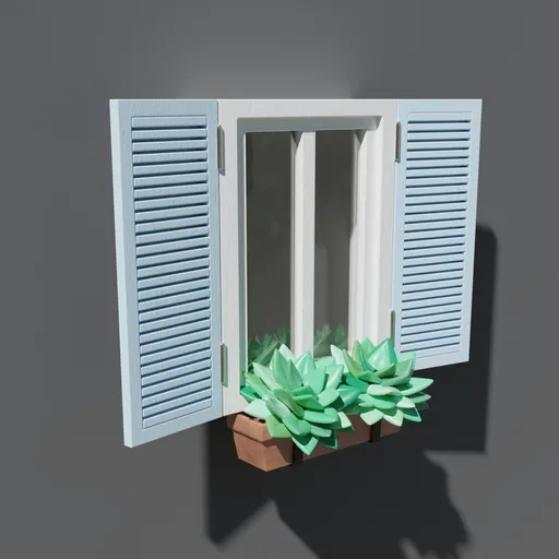 Stylized low poly 3D model of open window with shutter design and vibrant green plants, optimized for Blender.