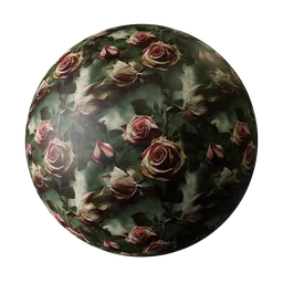 Realistic roses ornament PBR material for 3D rendering in Blender with 2K parametric textures, color variations, and details.