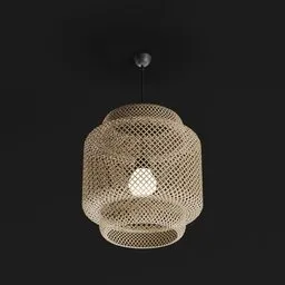 "Ikea SINNERLIG Rattan Lamp Shade 3D model for Blender 3D - A close-up of a beautifully textured ceiling light fixture with a wicker chair, exuding a South-East Asian aesthetic. The black background enhances the visual appeal and showcases the intricate wicker design. Ideal for interior design and architectural projects in Blender 3D."