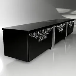 "Black lacquered Arabesque sideboard with chrome details for Blender 3D. Features cabinets, intricate 3D illustrations, and a luxurious design. Perfect for hall and reception areas."
