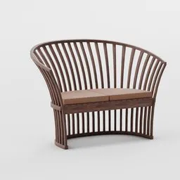 Realistic 3D double seat curved wooden sofa model, garden bench design, rendered in Blender.