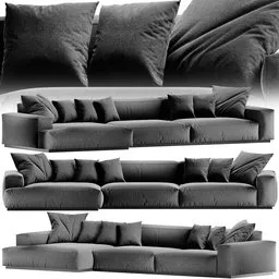 "Large modern black sofa with pillows and expansive illusory arms, designed with Swedish inspiration and rendered with Arnold in Blender 3D. Monochrome 3D model with many angles, perfect for architectural and interior design projects."