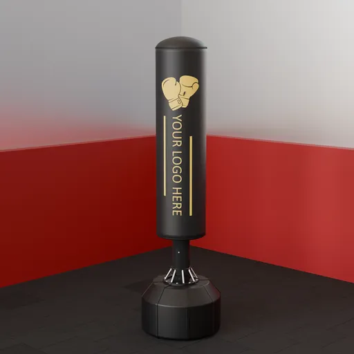 Customizable Blender 3D model of a leather punching bag with placeholder for logo.
