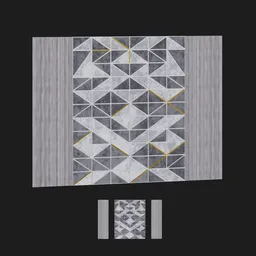 "Enhance your interior decoration with the Triangles w/Golden detail 3D panel model designed in Blender 3D. This polygonal wooden wall model features a geometric design in gunmetal grey and golden detail, inspired by Antoni Pitxot. Perfect for adding a modern touch to any living space."