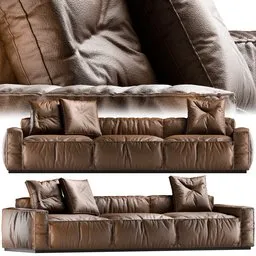 "Modern leather sofa with pillows in black and brown, high quality 3D model for Blender 3D. Perfect for rendering beautiful panoramic imagery. Created with BlenderKit."
