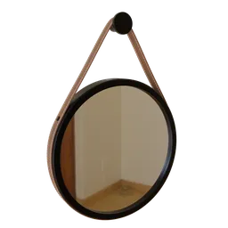Round 3D modeled hanging mirror with leather strap for Blender rendering.