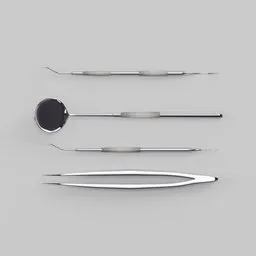 "3D model of dental cleaning instruments in Blender 3D. Includes surgical tools on a gray surface, with intricate designs and physical based rendering. Perfect for medical and dental professionals."