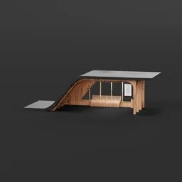 "Modern and elegant public transport stop 3D model for Blender 3D. It showcases a wooden structure with glass windows, a plastic/metal canopy, and ergonomic benches. Created with Blender 3D software, this model offers a comfortable and stylish addition to urban landscapes."