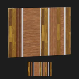 "Wood panels with silver metal 3D model for interior decoration in Blender 3D. Perfect for adding a touch of elegance to any space with its brown and white color scheme and art deco stripe pattern. Created by Antônio Parreiras."