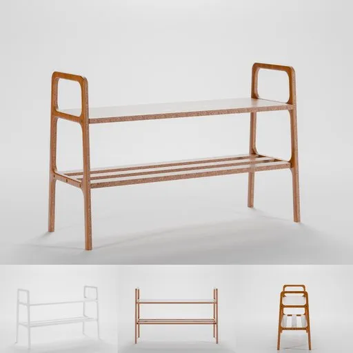 3D digital rendering of a mid-century modern style bench for shoe storage, suitable for Blender projects.