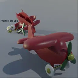 Detailed 3D model of a red toy plane with green propellers and exposed vertex groups created in Blender.