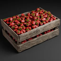 Detailed 3D model of a wooden crate filled with strawberries, suitable for Blender, realistic textures.