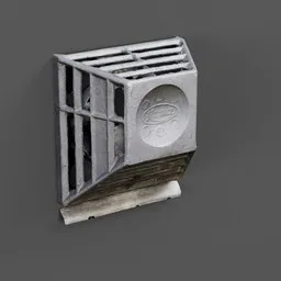 "Wall-mounted ventilation 3D model for Blender 3D: Outdoor ventilation with a small metal cage and clock, designed to combat air pollution. This photorealistic model features a fine fiberglass construction and a rectangular shape, making it suitable for exterior installations. Created in 1990 with dimensions of 45mm for optimal realism and functionality."