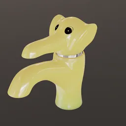 "Cartoon Water Tap 3D model for Blender 3D - a delightful faucet design with retro stylized yellow elephant in Poser and detailed water texture inspired by Gustave Van de Woestijne."