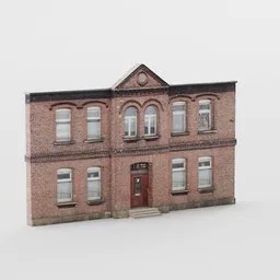 "Low poly 3D model of a historic brick building with a clock on top, rendered with Blender 3D and textured with PBR. Ideal for trading depots or museum catalog photography. Created by Eamon Everall for accurate fictional proportions."