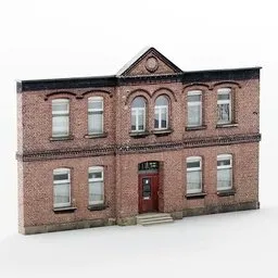 "Low poly 3D model of a historic brick building with a clock on top, rendered with Blender 3D and textured with PBR. Ideal for trading depots or museum catalog photography. Created by Eamon Everall for accurate fictional proportions."