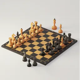 Highly detailed Blender 3D chess set render, with textured wood finish and realistic shading.