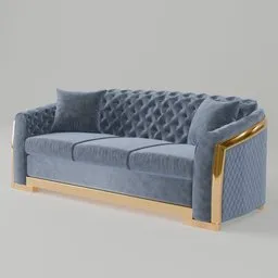 Luxurious grey velvet 3D sofa model with tufted detail and metallic base for Blender rendering.