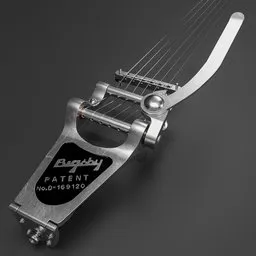 Detailed 3D model of a vintage tremolo unit for electric guitars with movable arm and strings, perfect for Blender animation.