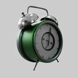 "Animated Cartoon Alarm Clock in Fantasy Green with Rig and Hands Animation for Blender 3D. Inspired by Cleve Gray and Jan Gossaert, this Clock features a Bell on top and a Pale Green Glow. Rendered with Octane and designed using Inkscape, this 3D model is part of the curated collections available on BlenderKit."
