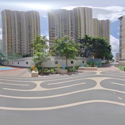 Urban plaza with high-rises, clear sky, and patterned pavement in 360-degree HDR view for lighting and rendering.