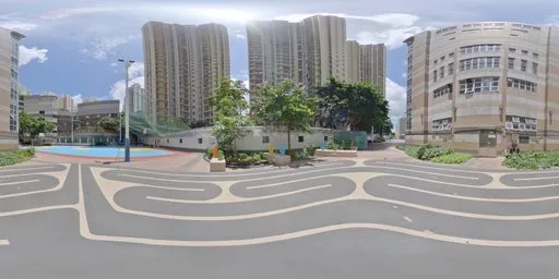 Urban plaza with high-rises, clear sky, and patterned pavement in 360-degree HDR view for lighting and rendering.