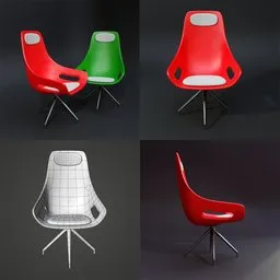 Variations of 3D modeled Blender reading chairs in red and green with a wireframe overlay, showcasing design and structure.