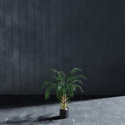 "Artificial palm tree in black vase, perfect for indoor nature decor. Designed in Blender 3D with wet reflective concrete and strong shadows, this model features no tiling and stands tall at 80 cm. Great for atriums and indoor gardens."