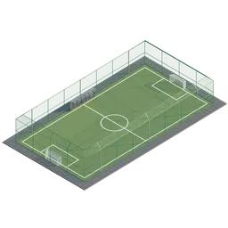 Isometric view of a detailed 3D soccer stadium model with transparent roof and goalposts, optimized for Blender.