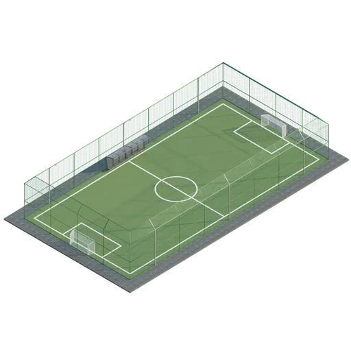 Isometric view of a detailed 3D soccer stadium model with transparent roof and goalposts, optimized for Blender.