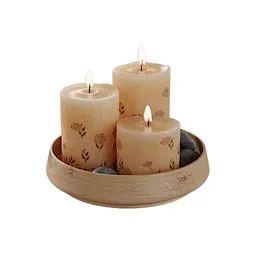 3D model of three lit candles in wooden holder with decorative stones, Blender 3D render for interior design.