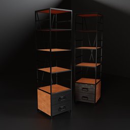 "Realistic and customizable bookcase 3D model for Blender 3D. Features two shelves with drawers and a file cabinet, rendered in keyshot with tilt blur effect. Clean and detailed mesh design in black and brown colors, suitable for various interior projects."