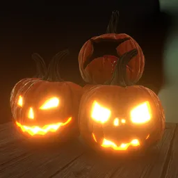 Illuminated jack-o'-lanterns Blender 3D model with glowing eyes and spooky expressions.