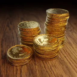 "Highly detailed 3D model of four stacks of gold coins on a wooden table, rendered in Unreal 3D and available for use in Blender 3D. Perfect for money-related projects, with an ambient occlusion render and medium close-up view. Compatible with GoldSrc, 3DsMax, and PlayStation 5 graphics."