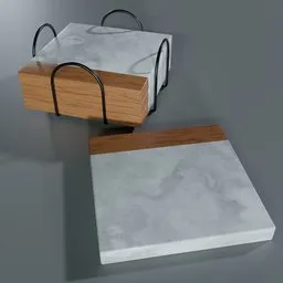 "White marble coasters with wood accent strip in Blender 3D. Vector for materials randomization included. Perfect for trendy artforum-inspired designs."