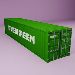 Detailed green 3D model of a large shipping container with Evergreen branding, designed for use in Blender.