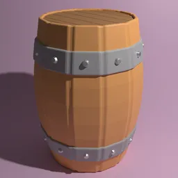 "Industrial wooden barrel with metal rivets in a toon-shaded style, inspired by historic references. Created in Blender 3D software. Ideal for use in industrial themed scenes and projects."