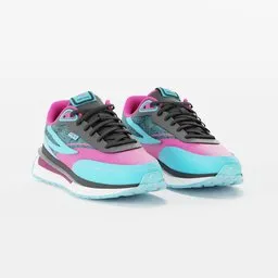 Detailed 3D Blender model of sporty sneakers with pink and blue design, ready for digital render and animation.