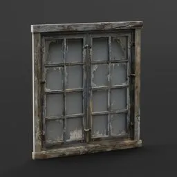 Realistic 3D model of a vintage wooden window with shattered panes for Blender rendering.