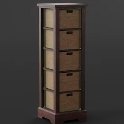 Detailed 3D model of a tall, wooden bathroom hamper with drawers for Blender rendering and interior visualization.