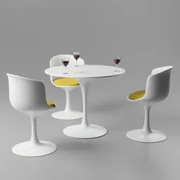 "Blender 3D model of a chair and table set with a wine glass on top. Featuring three chairs, stylized dynamic folds, and a Swedish design. Rendered in V-Ray and ideal for product shots or 3D character scenes."