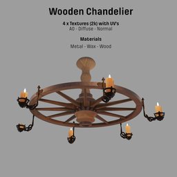 "Wooden Chandelier 3D model for Blender 3D with realistic candles. CGCrafted's wax material adds to the authenticity. Perfect for adding a touch of 19th century Hollywood glamour to any interior design project."