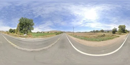 360-degree HDR panorama of a sunlit road with clear blue sky ideal for realistic lighting in 3D rendering.