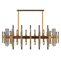 "Highly detailed and photorealistic Modern Glass Living Room Chandelier 3D model created with Blender 3D and rendered using Cycles. This model, with separate glass, lights, and chandelier body components, is ready to be rendered. With 170,381 polygons and 175,757 vertices, it offers a captivating display of a chandelier with candles in the style of brutalism, gilded with a dazzling gold finish."