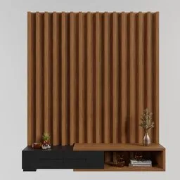 "3D model of a stylish TV rack with a plant, designed in the Aenami Alena style. Perfect for bedroom scenes in Autodesk's Blender 3D software, featuring wooden parquet flooring, curtains, and a radiator."