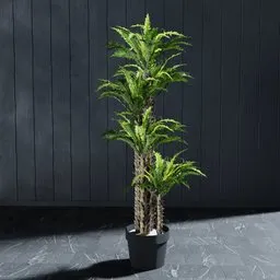 "Artificial Fern Tree 180cm for Blender 3D - Highly Reflective and Slender Plant Model with Linked Copy Objects and Customizable Leaves for Interior or Exterior Scenes"