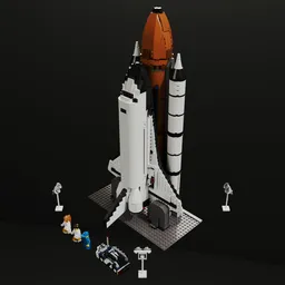 Detailed 3D render of a Lego Space Shuttle with launchpad and mini-figures, optimized for Blender use.